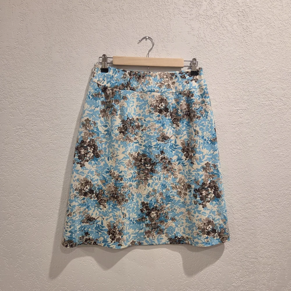 Talbots Blue and Brown Floral A-Line Skirt